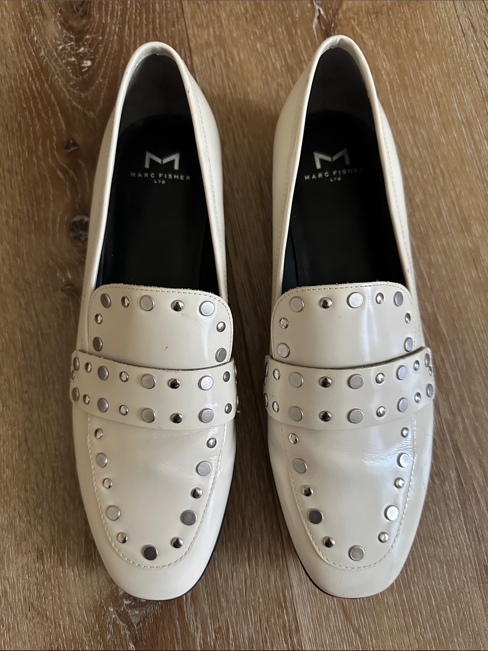 Marc Fisher White Leather Studded Penny Loafers